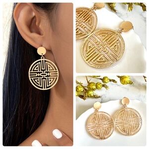 2/$30🌵 Gold Greek Key Geometric Circle Earrings Maze Dangle Boho Jewelry NEW